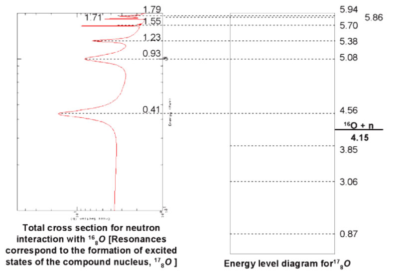 À gauche, la section efficace de capture d’un nucléon par l’oxygène 16 en fonction de l’énergie du neutron, à droite les niveaux d’énergie d’un noyau d’oxygène 17, qui est ici le noyau composé de la théorie de Bohr